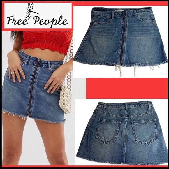 FREE PEOPLE Zip- Up Boho Grunge Denim Skirt Sz 27 - Picture 10 of 12